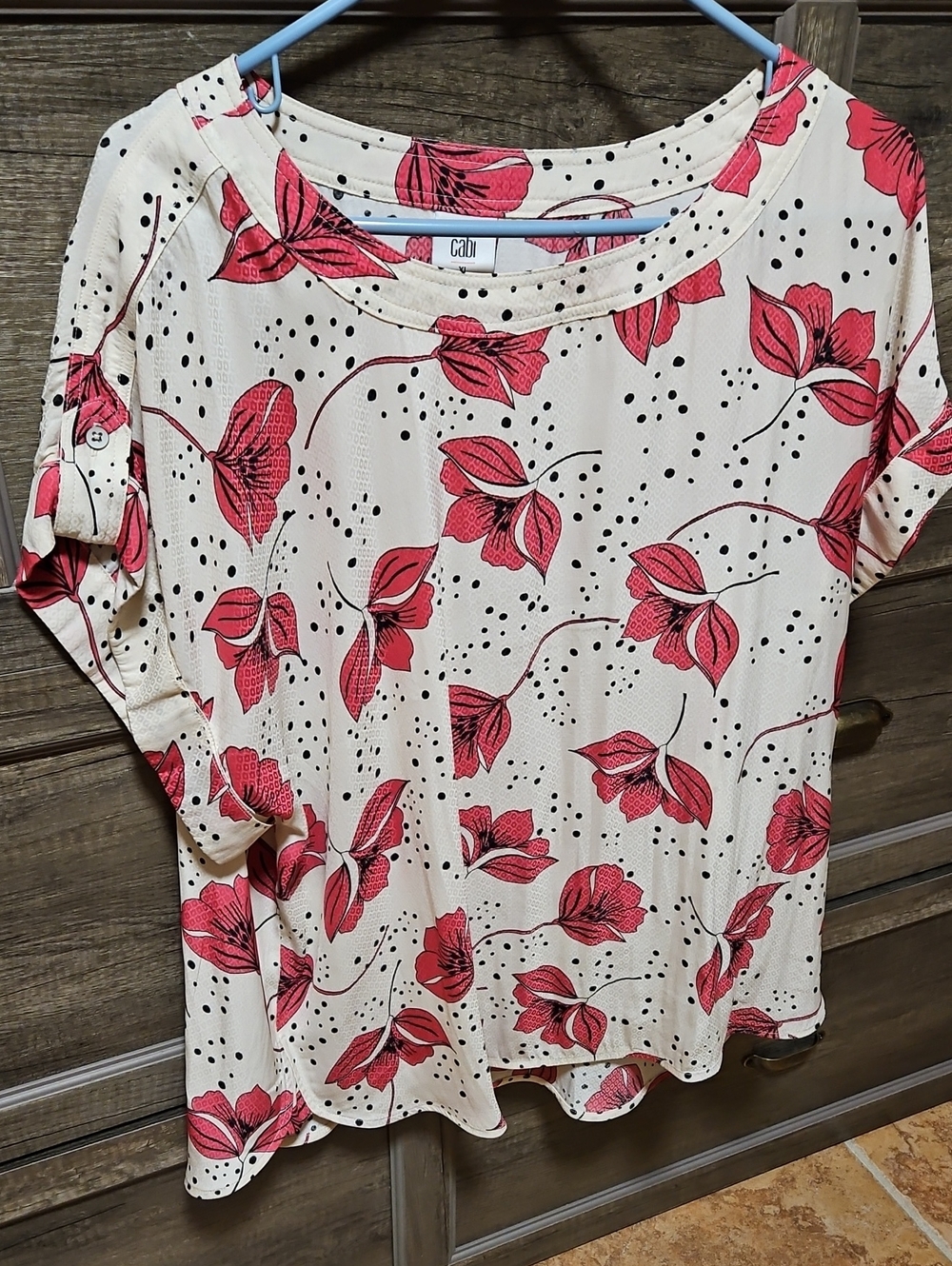 CAbi Cream Blouse with Pink Floral Print and Black Dot Accents